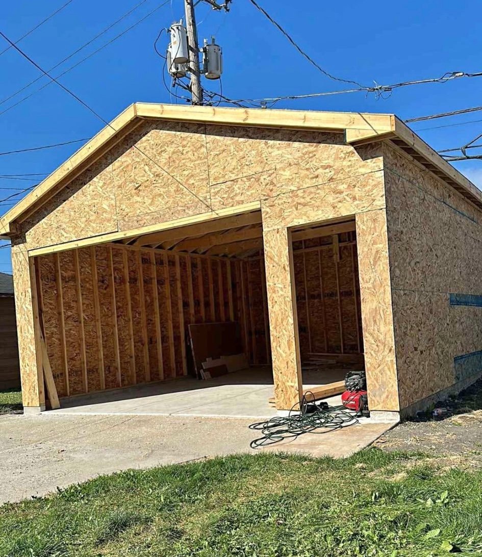 New two-car garage framing and sheathing